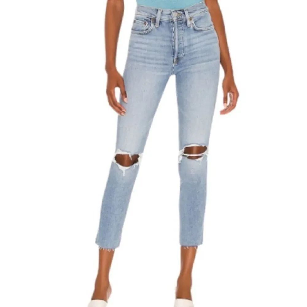 REDONE Originals High Rise 90’s Ankle Crop Stretch distressed button fly Jean 30